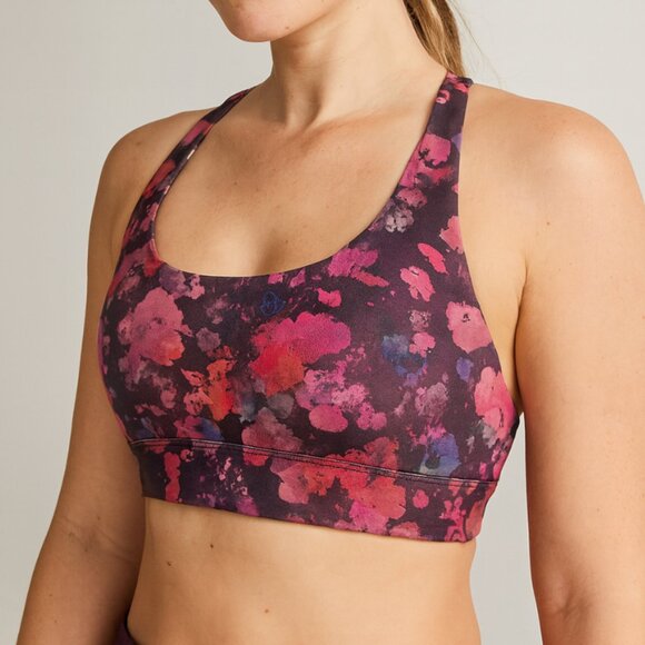Athleta Women's Exhale Printed Sports Bra Floral Purple Pink Supportive Strappy - Picture 1 of 5